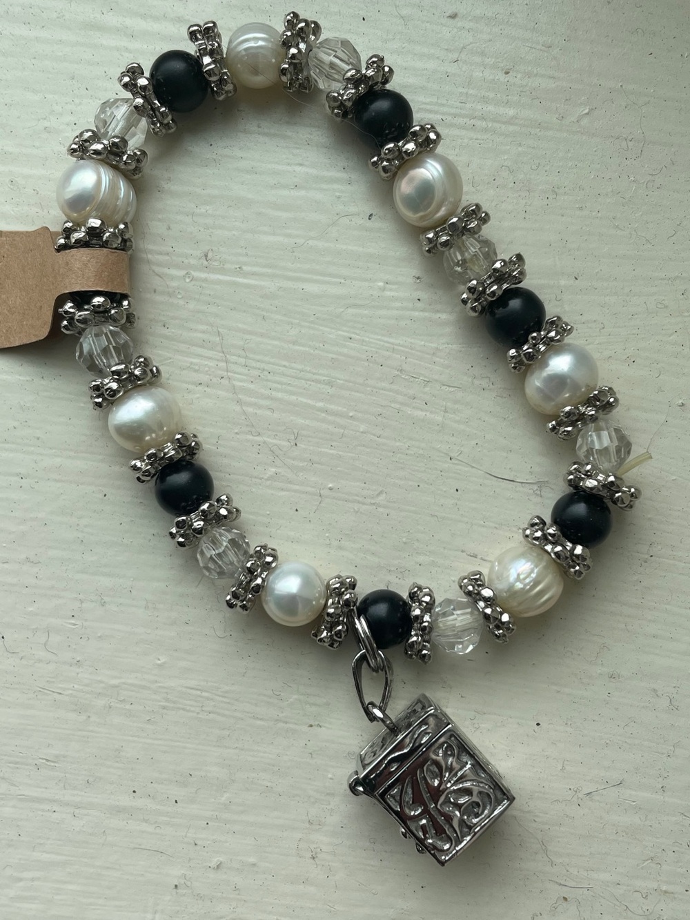Silver Charm Black & Pearl Beaded Bracelet - stash box